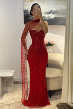 Load image into Gallery viewer, Elegant Red Sweetheart Beaded Fitted Mermaid Prom Dress with Scarf