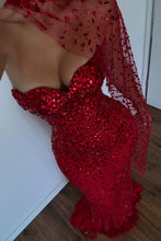 Load image into Gallery viewer, Elegant Red Sweetheart Beaded Fitted Mermaid Prom Dress with Scarf