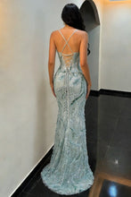 Load image into Gallery viewer, Elegant Mermaid Spaghetti Straps Sage Green Corset Prom Dress with Slit Front