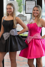 Load image into Gallery viewer, Elegant Satin Homecoming Dress with Pearl Beaded Bow and Flared Skirt