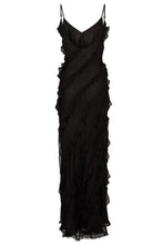 Load image into Gallery viewer, Elegant Sheath Spaghetti Straps Black Long Prom Dress with Ruffles