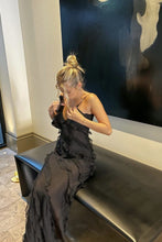 Load image into Gallery viewer, Elegant Sheath Spaghetti Straps Black Long Prom Dress with Ruffles