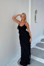 Load image into Gallery viewer, Elegant Sheath Spaghetti Straps Black Long Prom Dress with Ruffles