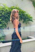 Load image into Gallery viewer, Elegant Sheath Spaghetti Straps Black Long Prom Dress with Ruffles