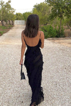 Load image into Gallery viewer, Elegant Sheath Spaghetti Straps Black Long Prom Dress with Ruffles