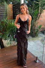 Load image into Gallery viewer, Elegant Sheath Spaghetti Straps Black Long Prom Dress with Ruffles