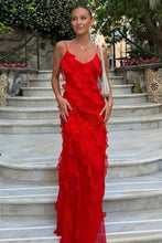 Load image into Gallery viewer, Elegant Sheath Spaghetti Straps Black Long Prom Dress with Ruffles