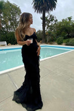 Load image into Gallery viewer, Elegant Sheath Spaghetti Straps Black Long Prom Dress with Ruffles