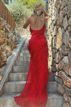 Load image into Gallery viewer, Elegant Sheath Spaghetti Straps Black Long Prom Dress with Ruffles