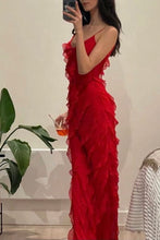 Load image into Gallery viewer, Elegant Sheath Spaghetti Straps Black Long Prom Dress with Ruffles