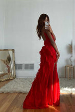 Load image into Gallery viewer, Elegant Sheath Spaghetti Straps Black Long Prom Dress with Ruffles