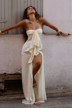 Load image into Gallery viewer, Trendy Sheath Strapless Ivory Satin Long Prom Dress with High Slit & Ruffle Layers