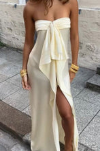 Load image into Gallery viewer, Trendy Sheath Strapless Ivory Satin Long Prom Dress with High Slit & Ruffle Layers