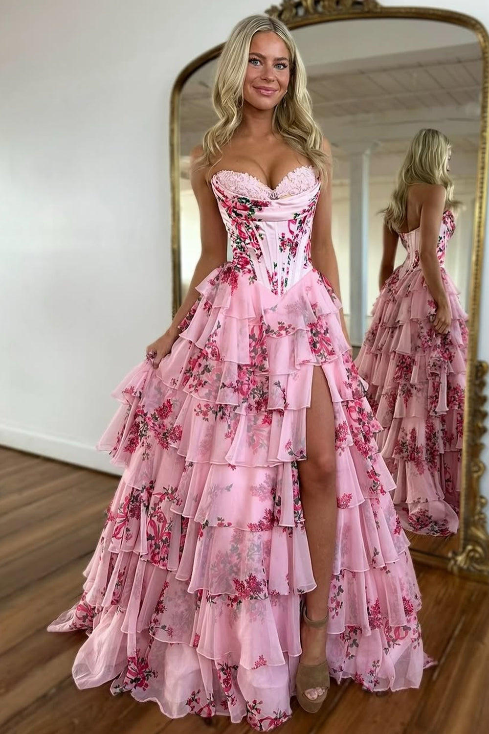 Stunning Pink A-Line Sweetheart Long Print Tiered Prom Dress with Leg Slit