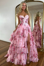 Load image into Gallery viewer, Stunning Pink A-Line Sweetheart Long Print Tiered Prom Dress with Leg Slit