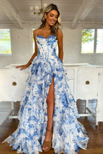 Load image into Gallery viewer, Stunning Pink A-Line Sweetheart Long Print Tiered Prom Dress with Leg Slit