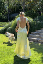 Load image into Gallery viewer, Charming A Line Deep V Neck Light Yellow Long Prom Dress with Open Back