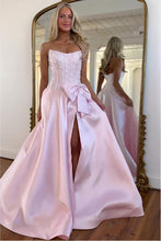 Load image into Gallery viewer, Luxurious A Line Strapless Black Satin Prom Dress with Beading Bowknot