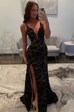 Load image into Gallery viewer, Hot Mermaid Deep V Neck Black Lace Long Prom Dress with Beading Split Front