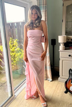Load image into Gallery viewer, Elegant Sheath Strapless Pink Long Prom Dress with Split Front