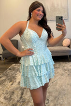 Load image into Gallery viewer, Sparkly A Line Halter Neck Purple Corset Homecoming Dress with Pearls