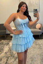 Load image into Gallery viewer, Stunning A Line Strapless Black Corset Homecoming Dress with Pearls