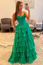 Load image into Gallery viewer, Princess A Line Sweetheart Green Corset Prom Dress with Appliques Ruffles