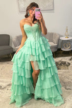 Load image into Gallery viewer, Princess A Line Sweetheart Green Corset Prom Dress with Appliques Ruffles