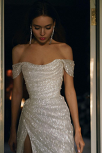 Load image into Gallery viewer, Elegant Mermaid Off the Shoulder Silver Sequins Long Prom Dress with Split Front