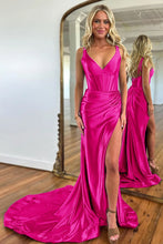 Load image into Gallery viewer, Purple Mermaid V-Neck Zipper Back Satin Long Prom Dress With Split