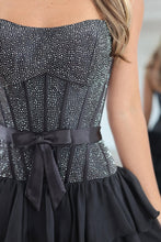 Load image into Gallery viewer, Fashionable A Line Strapless Black Corset Homecoming Dress with Beading Ruffles