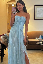 Load image into Gallery viewer, Fashionable A Line Sweetheart Blue Long Prom Dress with Ruffles Slit