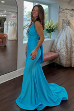 Load image into Gallery viewer, Fashionable Mermaid Halter Neck Blue Long Prom Dress with Bowknot Back