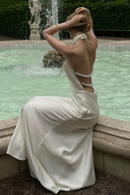 Load image into Gallery viewer, Fashionable Mermaid Halter Neck White Long Party Dress with Pearls Back