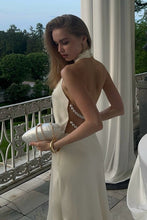 Load image into Gallery viewer, Fashionable Mermaid Halter Neck White Long Party Dress with Pearls Back