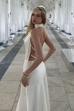Load image into Gallery viewer, Fashionable Mermaid Halter Neck White Long Party Dress with Pearls Back