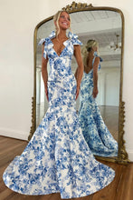 Load image into Gallery viewer, Fashionable Mermaid V Neck Blue Printed Long Prom Dress with Bowknot