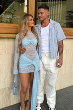 Load image into Gallery viewer, Fashionable Sheath Jewel Neck Blue Short Homecoming Dress with Lace