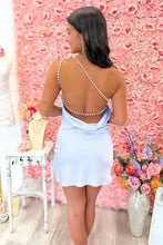 Load image into Gallery viewer, Fashionable Sheath One Shoulder Light Blue Short Homecoming Dress with Pearls