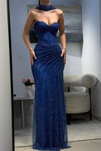 Load image into Gallery viewer, Sparkly Dark Blue Halter Evening Gown with Ruched Detailing and Scarf