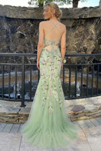 Load image into Gallery viewer, Beautiful Mermaid Spaghetti Straps Sage Corset Prom Dress with Floral High Slit