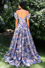 Load image into Gallery viewer, Elegant A Line Off-Shoulder Floral Printed Blush Corset Prom Dress with Puff Sleeves