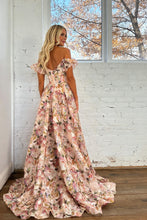 Load image into Gallery viewer, Elegant A Line Off-Shoulder Floral Printed Blush Corset Prom Dress with Puff Sleeves