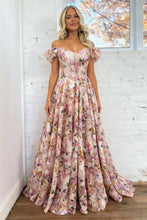 Load image into Gallery viewer, Elegant A Line Off-Shoulder Floral Printed Blush Corset Prom Dress with Puff Sleeves
