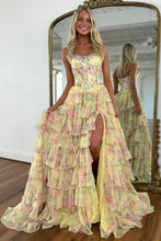 Load image into Gallery viewer, Glamorous A Line Floral Print Strapless Tiered Prom Dress with Fitted Corset