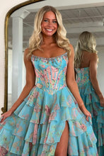 Load image into Gallery viewer, Glamorous A Line Floral Print Strapless Tiered Prom Dress with Fitted Corset