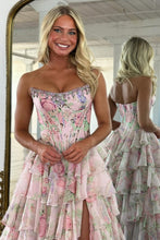 Load image into Gallery viewer, Glamorous A Line Floral Print Strapless Tiered Prom Dress with Fitted Corset