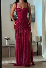 Load image into Gallery viewer, Sparkly Mermaid Spaghetti Straps Red Sequins Long Prom Dress with Ruched