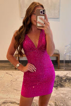 Load image into Gallery viewer, Fuchsia Sexy Bodycon Deep V-Neck Short Beaded Homecoming Dress