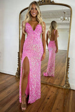 Load image into Gallery viewer, Sparkly Mermaid V Neck Gold Sequins Long Prom Dress with Open Back